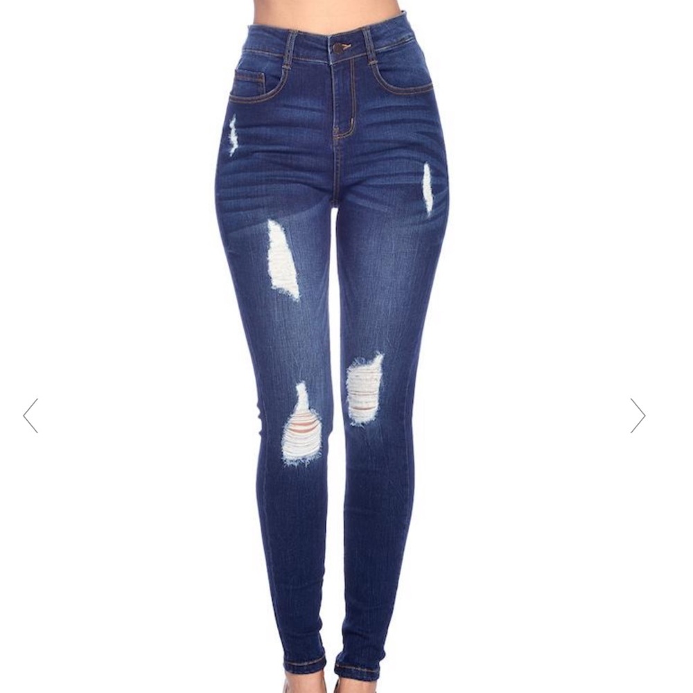 High Waisted Knee ripped skinny jeans- Dark Wash